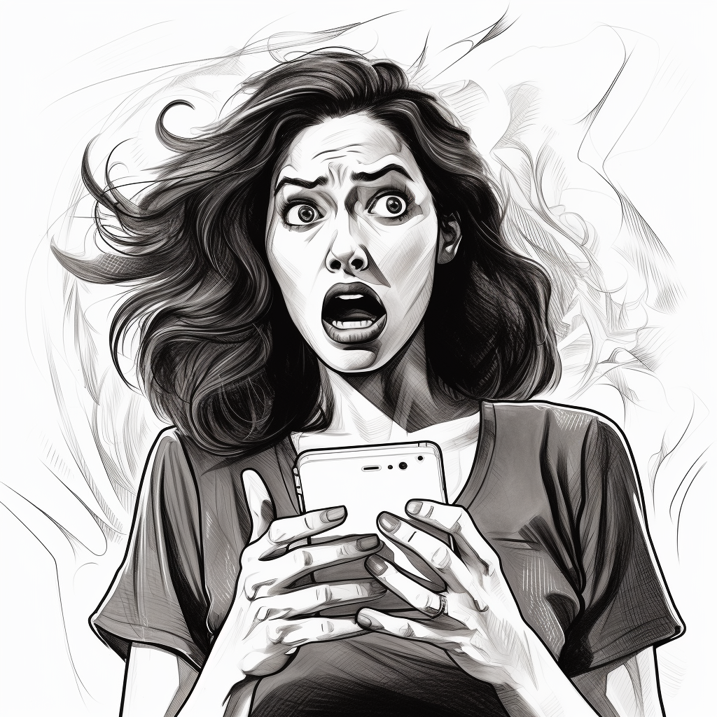 Latisha McNeel. Midjourney. Wednesday, July 12, 2023. Black and white comic sketch of a woman holding a cell phone with both hands looking up with wide eyes, raised eyebrows, and an open mouth. How Midjourney sees frustrated looks more afraid and fearful than frustrated to me.