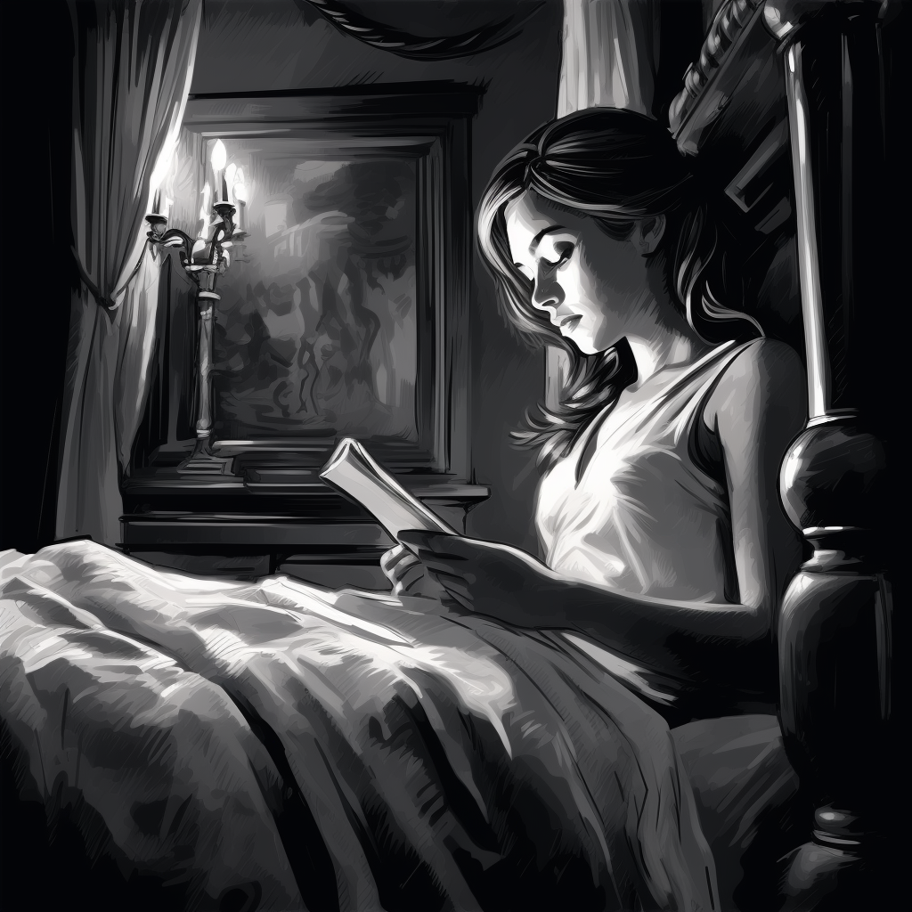 Latisha McNeel. Midjourney. Wednesday, July 12, 2023. A black and white comic sketch shows a woman sitting in a four-poster bed holding an Ipad/paper and reading by candlelight. A candelabra sits on a fireplace mantel in front of a painting in the background.